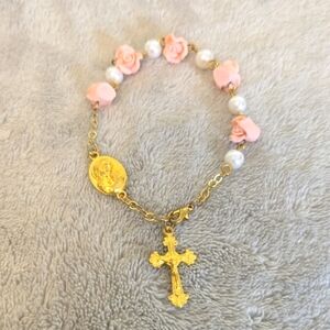 #551 Gold Tone and Pink Rosary Bracelet